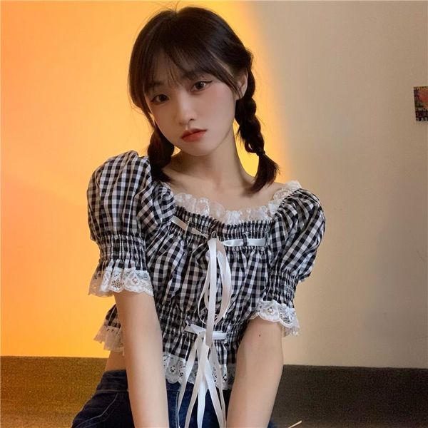 women's t-shirt plaid patchwork lace puff short sleeve tees female 2021 summer lace-up t shirt women clothing square collar slim ladies, White